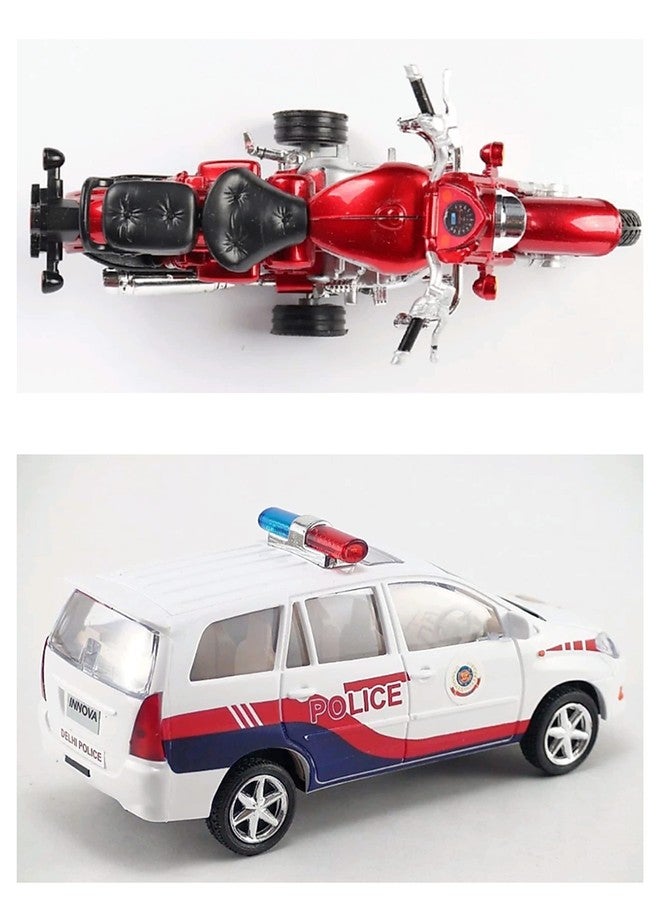 سنتي مجموعة ألعاب سنتي تويز المكونة من قطعتين - سيارة مطاردة الشرطة البيضاء ذات فتحة السقف ودراجة نارية حمراء متينة - عجلات معدنية واقعية وتصميم واقعي - حركة سحب للخلف - الدراجة تعمل بنظامي الحركة الحرة والسحب للخلف - Image 2